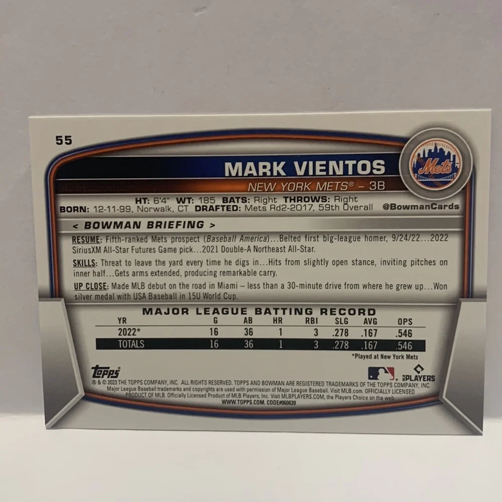 Mark Vientos New York Mets Rookie 2023  Bowman #55 (MISC9)